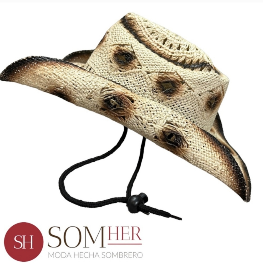 Vintage SOM-HER Somher Boho Western Cowgirl Cowboy Straw Hat Brown Tan Neutral